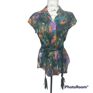 Richard Malcolm Colorful Abstract Peacock Feather Linen Top With Belt S